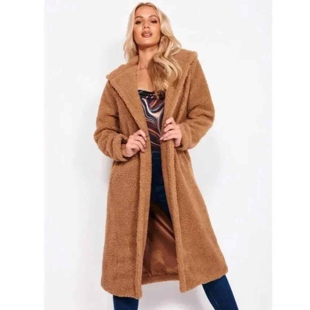 Brown Long Sleeve Hooded Hoodie Long Maxi Borg Teddy Bear Fur Coat - Picture 13 of 15